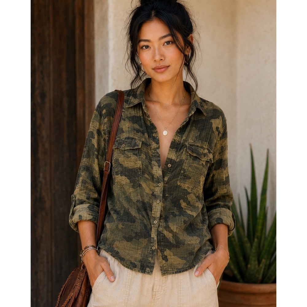 Karlie‎ Camo Double Gauze Button Down Shirt Women Med Green Cotton Boho Utility
